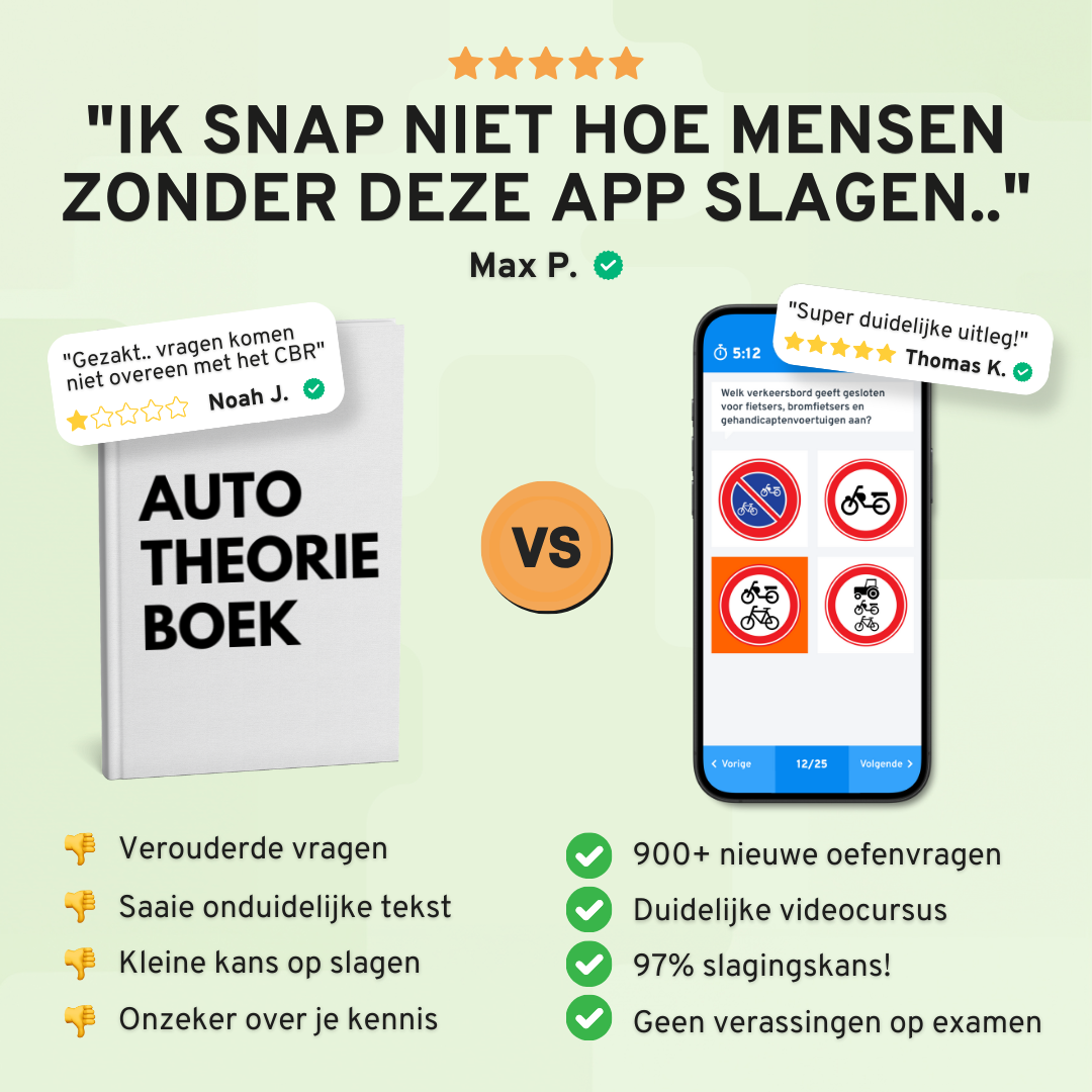 Theorieboek versus de theorie-app: 900+ oefenvragen, videocursus, 97% slagingskans